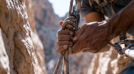 Obraz premium Close-up of canyoneering hands threading a rappel device onto a natural anchor slung around a chockstone, worn rope texture visible, slot canyon walls flanking the frame, technical rigging skill out
