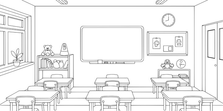 Classroom with desks, whiteboard, and educational materials for students featuring school, learning, teaching with chairs and tables elements for