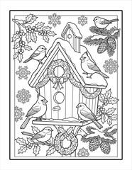 Fototapeta premium Birds visiting wooden house in north america winter landscape with pine and holly.