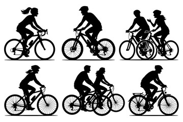 Naklejka premium Silhouettes of cyclists: men and women biking in various poses.