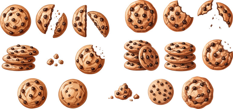 Delicious chocolate chip cookies set, whole, broken, and stacked, perfect for dessert and snack illustrations.