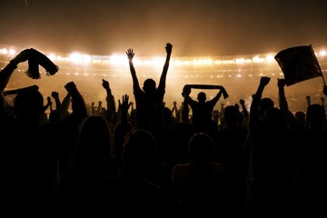 Fototapeta premium Silhouettes of an ecstatic crowd with raised arms and flags at a brightly lit football stadium