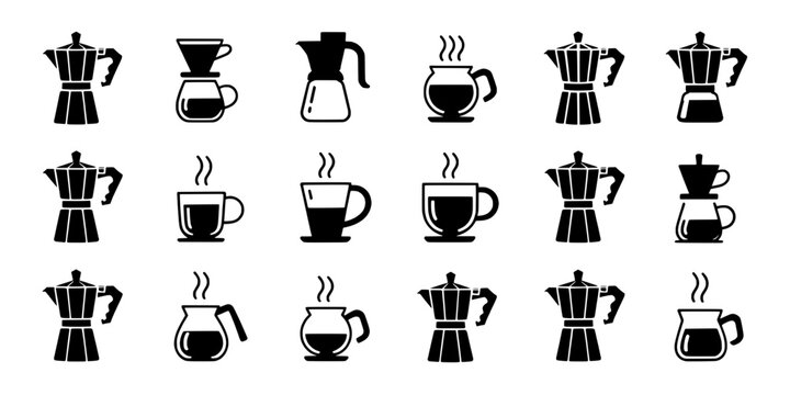 Coffee pot and coffee cup icon set with espresso maker silhouettes and steam swirls for cafe menu graphics