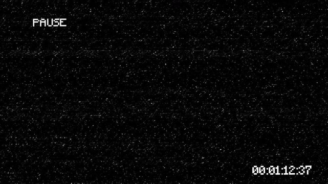 A vhs static screen displays a pause message with a timestamp and digital noise in a dark setting