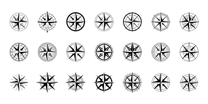Compass rose icon set with spoked nautical designs, decorative star wheels and direction marks for map charts