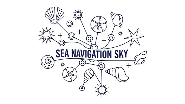 Nautical Constellation: An artistic illustration depicts a celestial map connecting shells and sun-like motifs, labeled SEA NAVIGATION SKY.