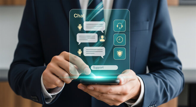 AI chatbot assistant on smartphone, businessman using digital chat interface for customer support, futuristic virtual communication technology