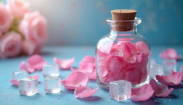 Clear glass bottle full of pink rose petals and ice cubes. Scattered petals and ice on blue surface. Soft pink roses in background. Calm spa ambiance.