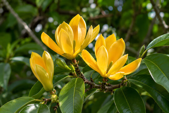 Yellow Champak Michelia Champaca Flowers Blooming on Branch with Glossy Green Leaves &ndash; Fragrant Sacred Thai Auspicious Tree Nature Concept