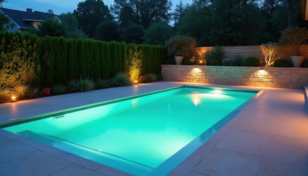 Rectangular swimming pool glows turquoise at night. Modern backyard patio with stone wall, rich green hedge, and landscape lighting. Elegant home exterior offers serene relaxation and luxury leisure.