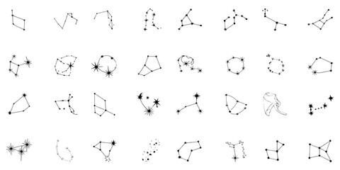 Obraz premium Constellations hand-drawn set with black stars and dotted lines featuring astronomy, celestial, night sky with star patterns and zodiac elements for