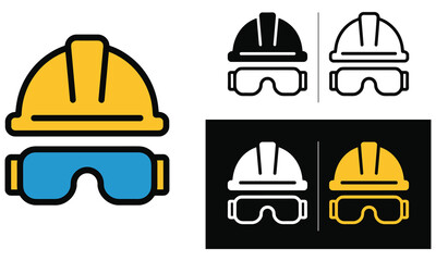Fototapeta premium Construction safety gear icons featuring a yellow hard hat and protective blue eyewear displayed in various clean graphic design styles