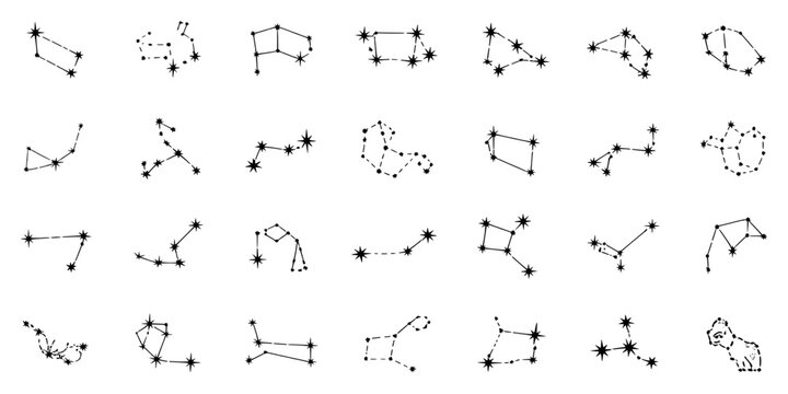 Constellations hand-drawn set with stars and connecting lines featuring astronomy, celestial, night sky with star patterns and zodiac elements for