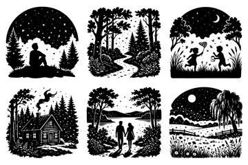Fototapeta premium Black and white nature scenes with silhouettes of people and landscapes.
