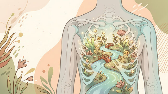 An ethereal illustration of a human rib cage containing a serene natural landscape with a winding river, lush plants, and a small bridge, set against a soft, organic background.