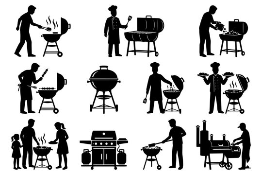 Silhouettes of people grilling: diverse bbq scenes and equipment.