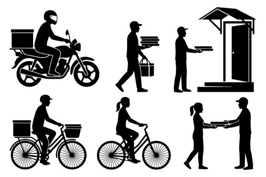 Silhouette delivery service: motorcycle, bicycle, pizza and food couriers.