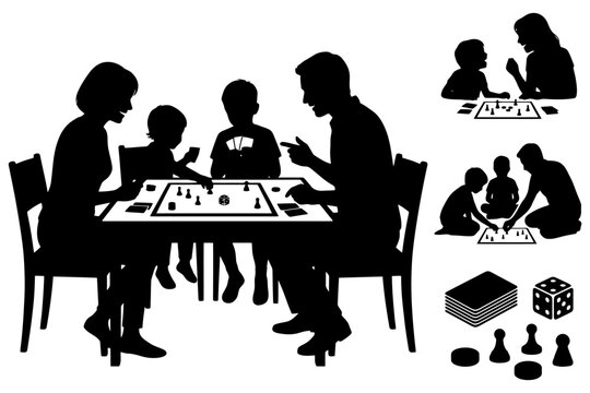 Family game night silhouette with children and adults playing board games.