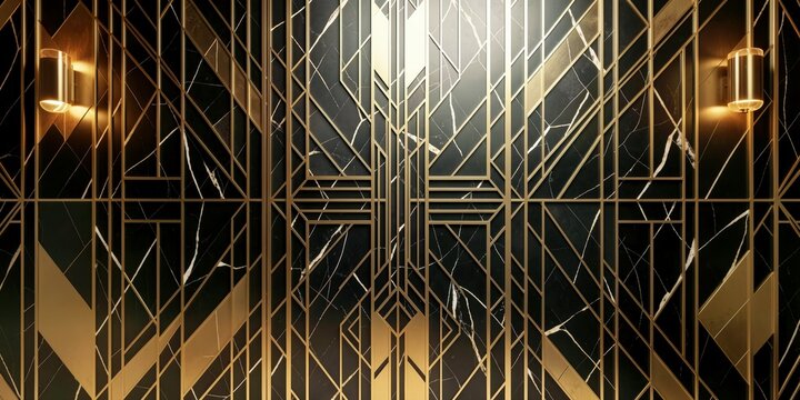 Dark Gold Art Deco Geometric Lines Abstract Background Luxury Black Triangle Pattern 3D Render Design for Banner Wallpaper.

