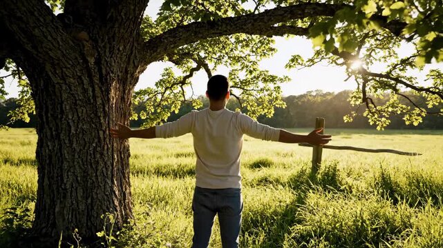Man embracing a large tree in a sun-drenched meadow, symbolizing connection with nature and environmentalism.