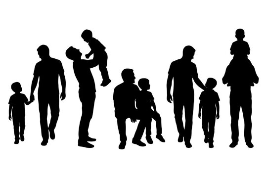 Silhouette of diverse families: fathers and sons bonding in various poses.