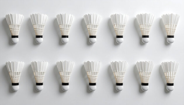 Arrangement of shuttlecocks on white background overhead studio shot