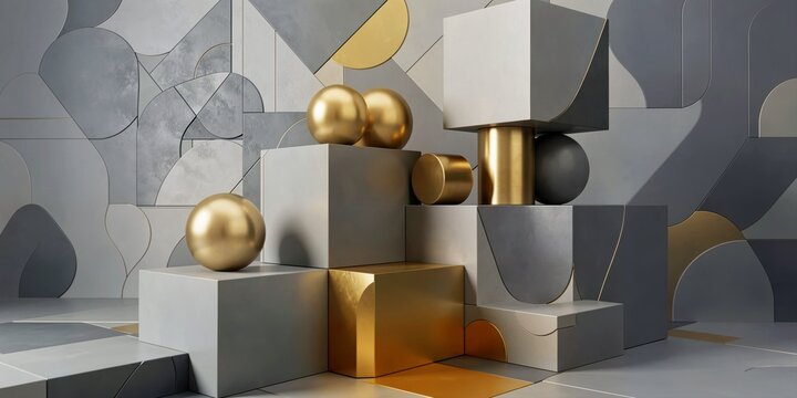 Gold Metallic Spheres with Gray Concrete Blocks Abstract 3D Render Minimal Geometric Architecture Design.

