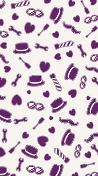 Vertical seamless looping background animation featuring a purple pattern of Father's Day icons like hats, tools, and hearts. Ideal for social media reels and mobile festive backdrops.