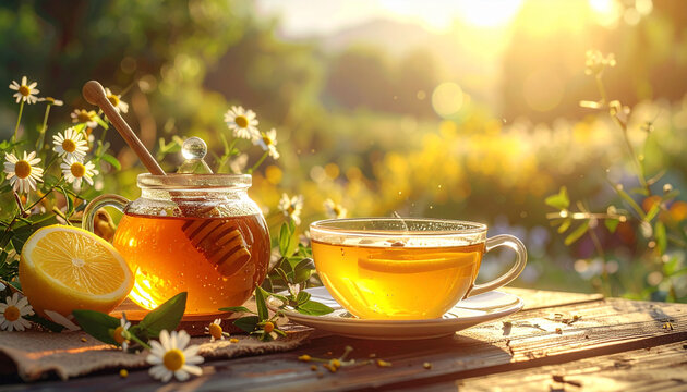 Chamomile tea with honey and lemon in sunlight on a wooden table