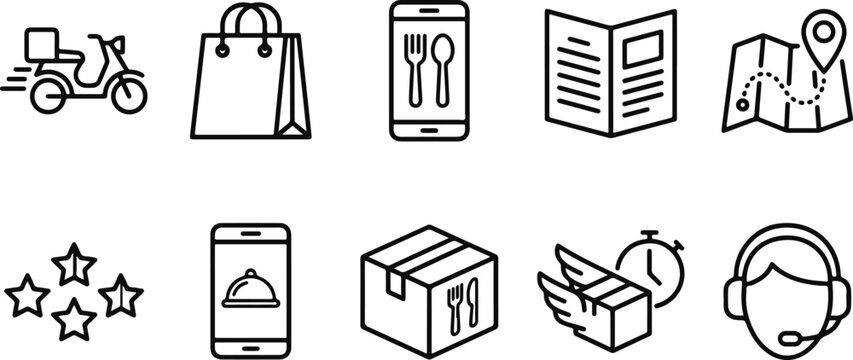 Delivery, Shopping, and Communication Icons, Line Style, Black and White, 10 Symbols
