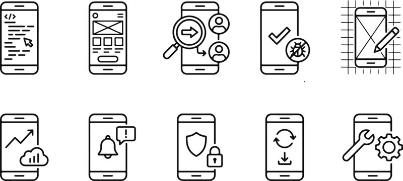 Mobile app icons, smartphone interface symbols, line style graphics, web design elements