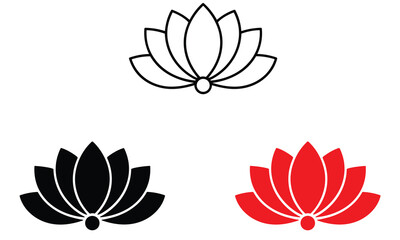 Fototapeta premium Three stylized lotus flower icons presented in outline black solid and red solid versions for various creative design project needs