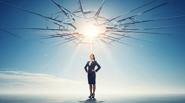 Confident businesswoman standing under a shattering glass ceiling, symbolizing female empowerment and overcoming corporate obstacles.