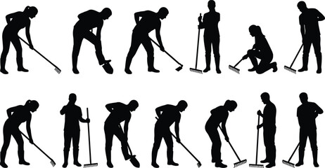 Naklejka premium Silhouette Set of Gardeners Raking Digging and Cleaning Yard Isolated on White Background Vector Illustration