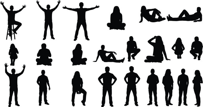People silhouette collection with standing sitting squatting relaxing and expressive human poses isolated on light background