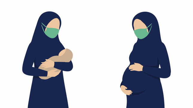 Pregnant Muslim Woman and Mother with Baby Wearing Face Masks