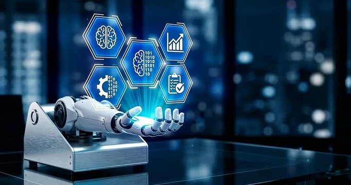 A mechanical arm controls blue hologram interface with data icons in office, AI automation in business workflows tech