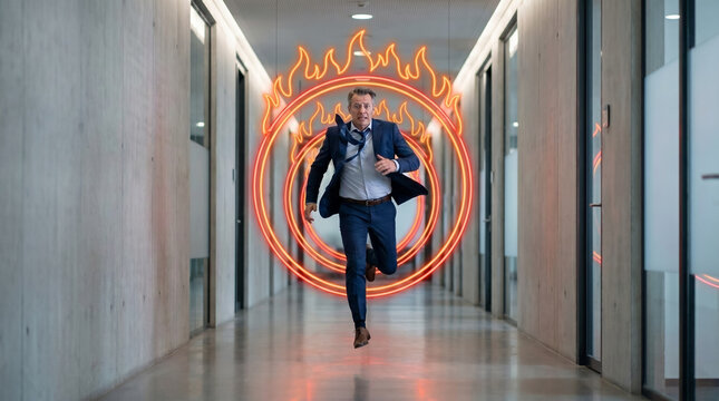 Businessman jumping through glowing neon hoops in office concept