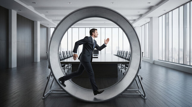 Corporate executive running inside a giant silver hamster wheel in a modern office, visualizing the endless rat race and workplace burnout