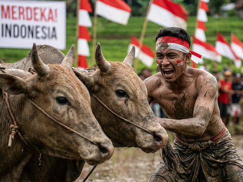 An Indonesian jockey holds on to two buffaloes as they race through a muddy rice field during the traditional Independence Day Pacu Jawi contest.