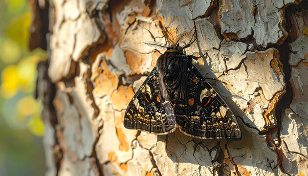 Close up of a moth on tree bark showcasing detailed insect patterns