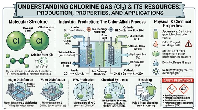 Understanding Chlorine Gas (Cl₂) and Its Resources: Molecular Structure, Industrial Production via the Chlor‑Alkali Process, Physical&ndash;Chemical Properties, Water Disinfection, PVC Manufacturing, Bleach