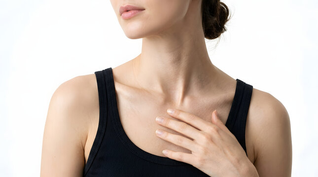Ethereal Elegance: A woman's delicate collarbone and graceful d&eacute;colletage are highlighted in this close-up, emphasizing feminine beauty and serene poise.