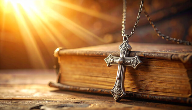 Close up of a silver cross pendant resting on a weathered book with sunlight