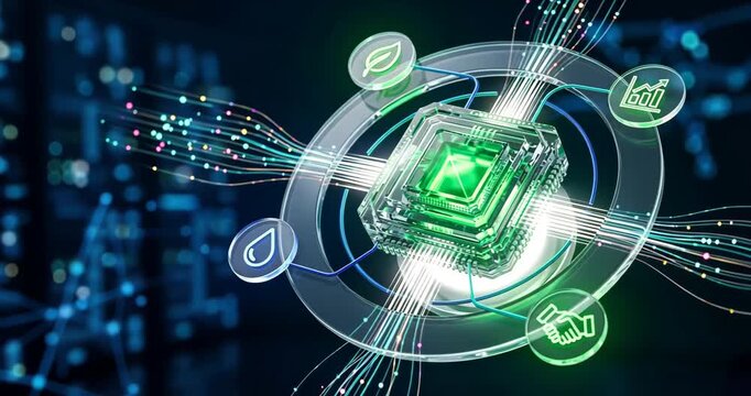 A green core processor connect with icons for eco metrics in dark space, AI automation in business workflows sustainability