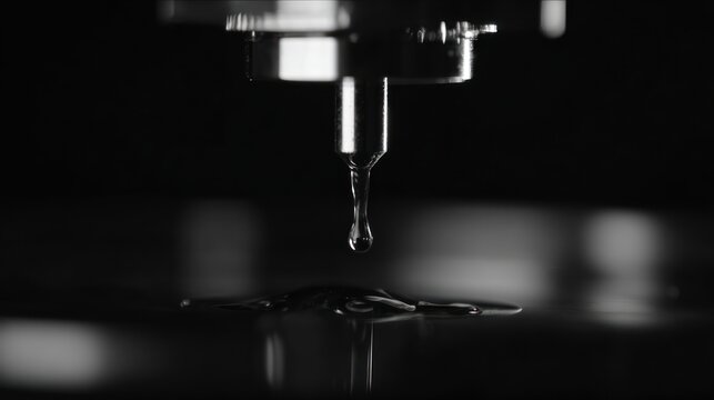 Close up of a drop falling from a scientific instrument in monochrome