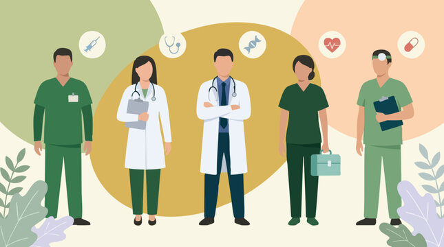 Diverse Team of Healthcare Professionals with Medical Icons, Vector Illustration