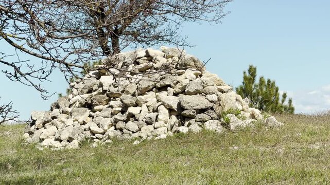 A massive heap of light-colored rocks rests peacefully on a grassy hill. The scene evokes a sense of quiet permanence and calm strength as it stands surrounded by sparse trees.