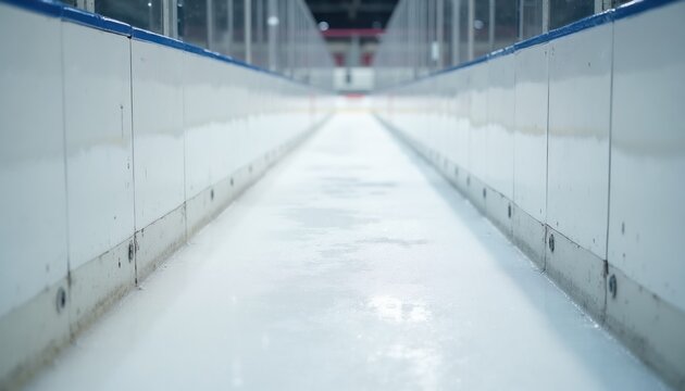Empty hockey rink with smooth ice and white boards. Athletic winter sports arena for training or competition. Clean surface for pro games. Indoor facility.