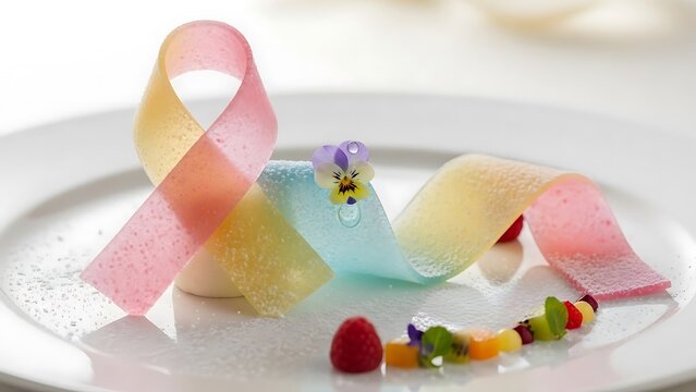 Artistic pastel sugar ribbon dessert with edible flower and fresh fruit
